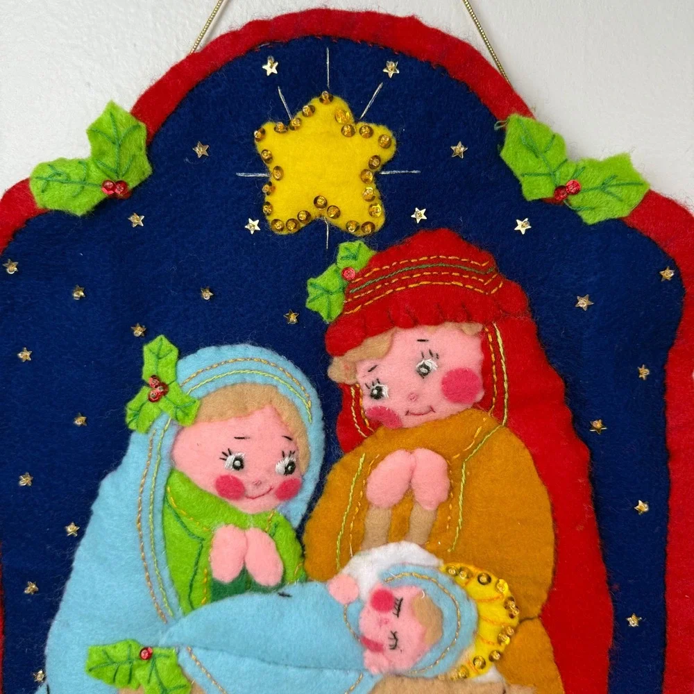 VTG Felt Appliqué Wall Decor Nativity Scene Sheep Silent Night Hand‎ Made 17x11